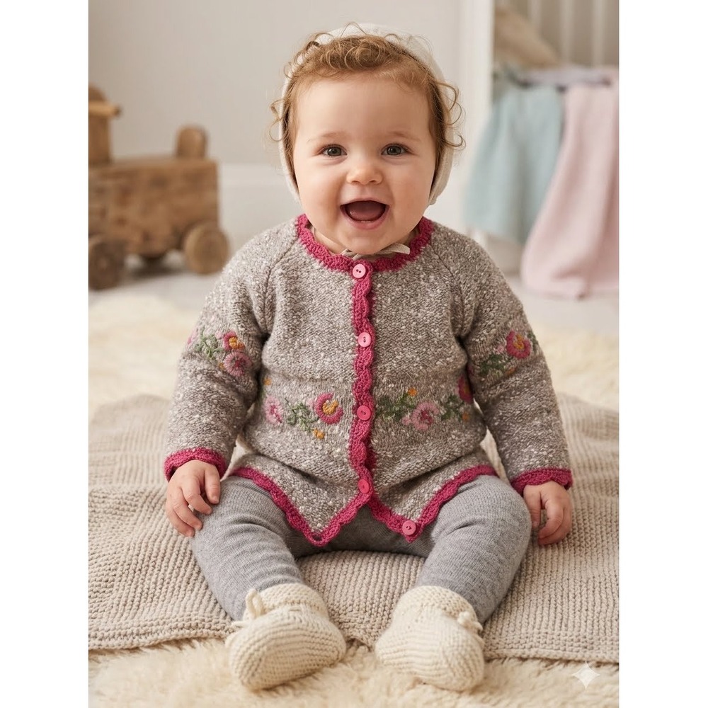 Baby Baby H&M Floral Embroidered Knit Cardigan Sweater Oatmeal Pink 9-12M 90's